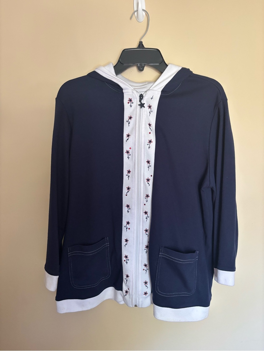 breckenridge Navy Hooded Utility Jacket with White Trim and Floral Placket